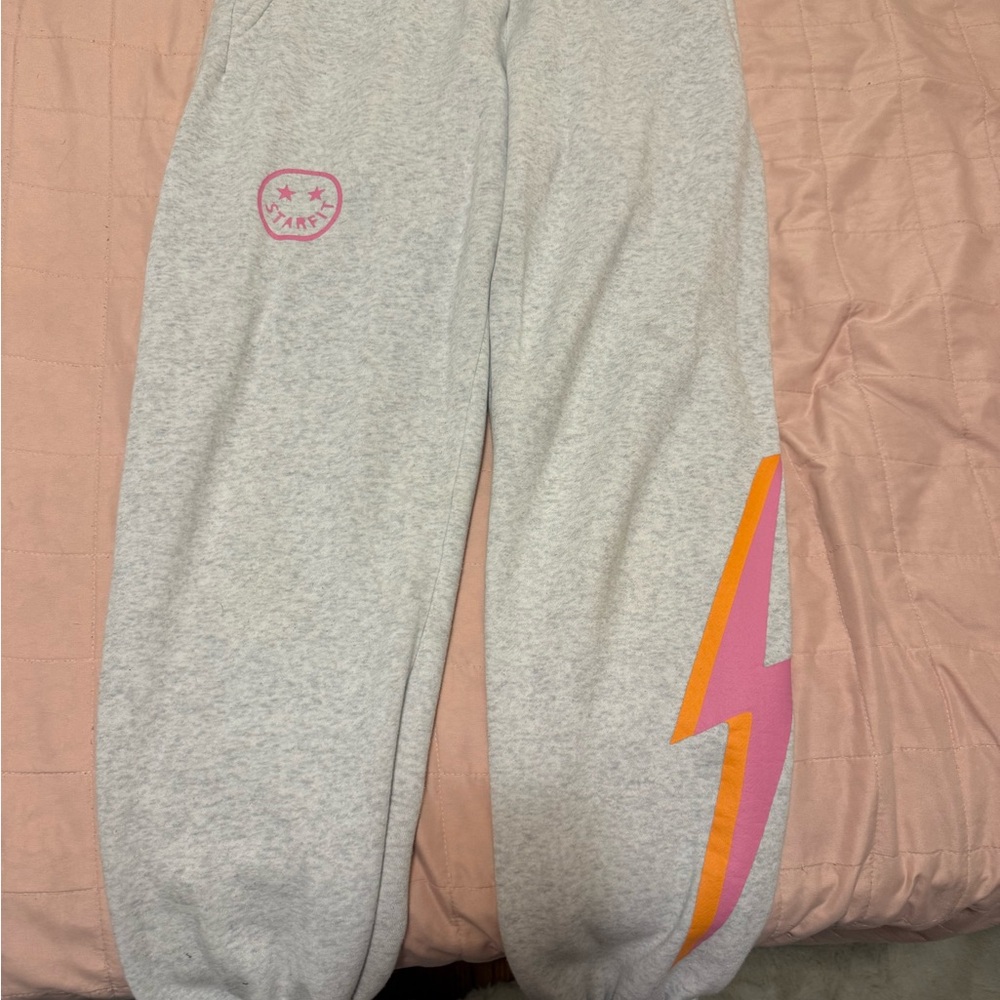 Stylish Light Gray Joggers with Pink and Orange Bolt